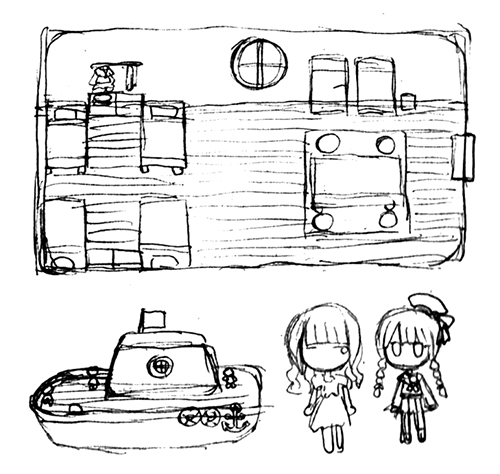 The starting sketches for Wadanohara and the Great Blue Sea.